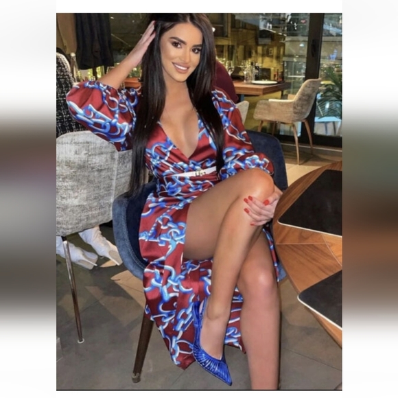 ZARA MULTICOLOURED CHAIN PRINT MIDI DRESS WITH KNOT DETAIL - Picture 4 of 11